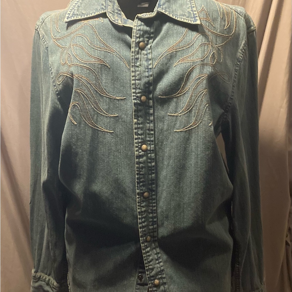 Express Denim Button Down Shirt with Embroidery